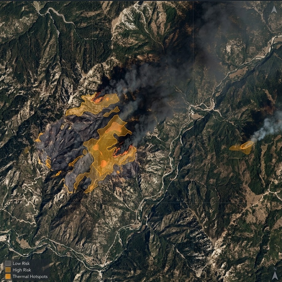 Sentinel-2 satellite imagery depicting wildfire risk analysis, smoke plumes, and thermal risk zone overlays